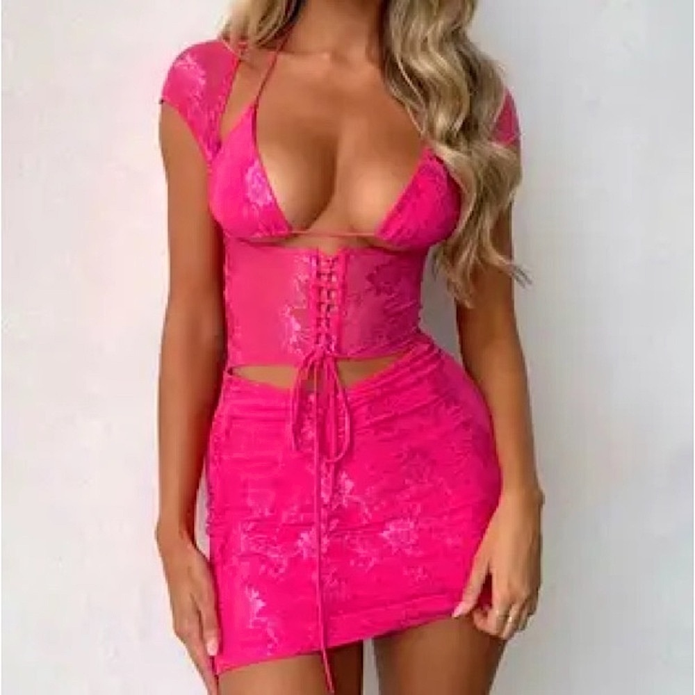 Outcast Mackenzie Hot Pink Lace-Up Halter Dress